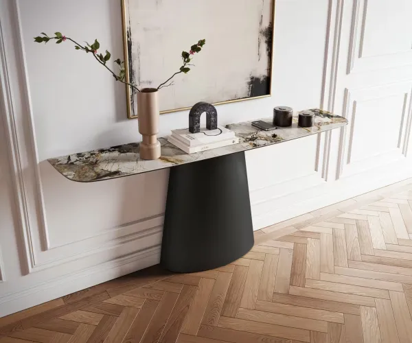 DELIFE Konzolový stolík Edge zaoblený 180×40 cm keramika Patagonia leštený Conos kov čierna