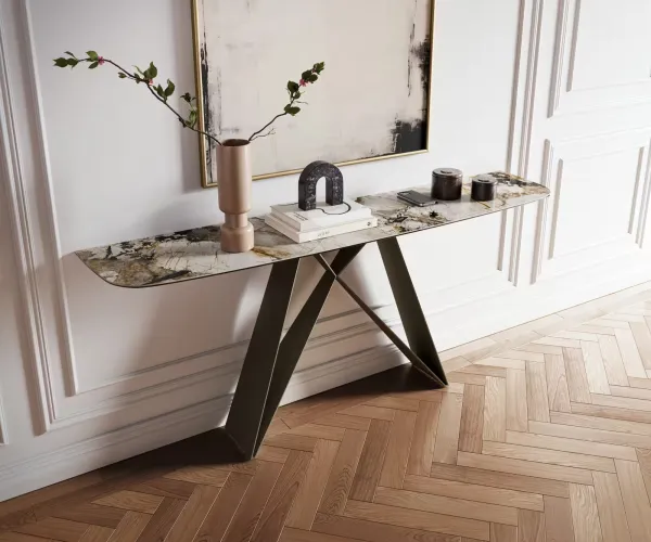 DELIFE Konzolový stolík Edge zaoblený tvar 180×40 cm keramika Patagonia leštená Velio kov titánová farba