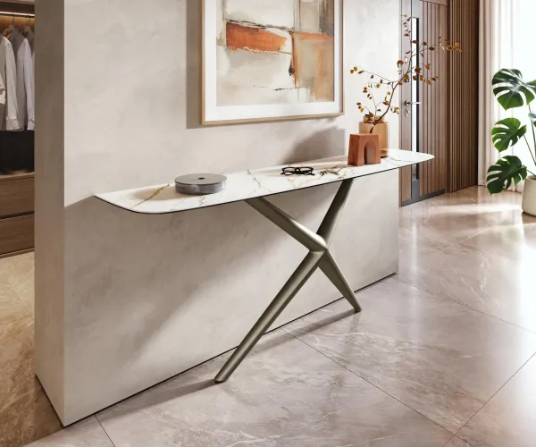 DELIFE Konzolový stolík Edge zaoblený tvar 180×40 cm keramika Calacatta Luxe bielo-zlato-šedá Estelo kov titánová farba