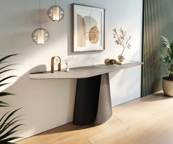 DELIFE Konzolový stolík Edge polygonálny 180×50 cm keramika betón sivá Livos kov čierna