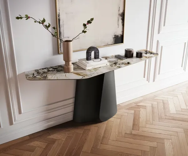 DELIFE Konzolový stolík Edge polygonálny 180×50 cm keramika patagonia leštená Livos kov čierna