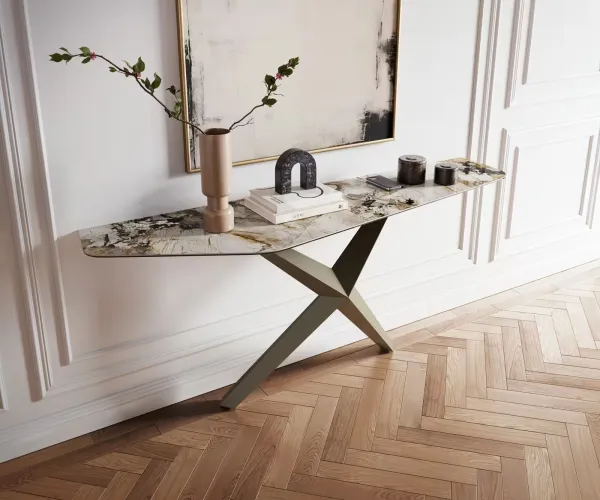 DELIFE Konzolový stolík Edge polygonálny 180×50 cm keramika patagonia leštená Zentharo kov titánová farba