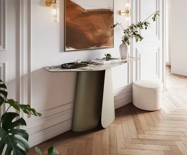 DELIFE Konzolový stolík Edge polygonálny 140×50 cm keramika Patagonia leštená Livos kov titánová farba