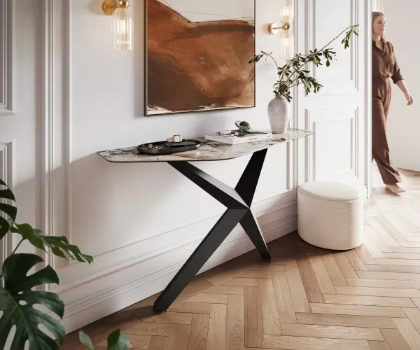 DELIFE Konzolový stolík Edge polygonálny 140×50 cm keramika Patagonia leštený Zentharo kov čierna