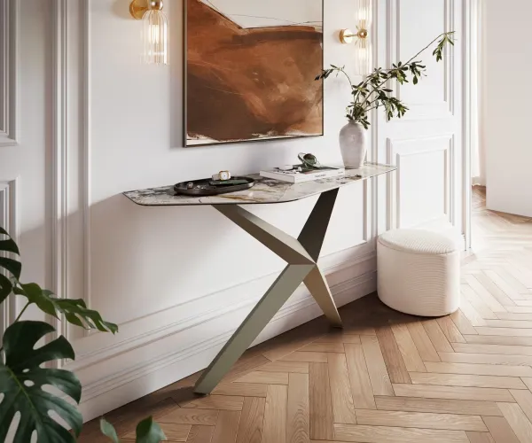 DELIFE Konzolový stolík Edge polygonálny 140×50 cm keramika patagonia leštená Zentharo kov titánová farba