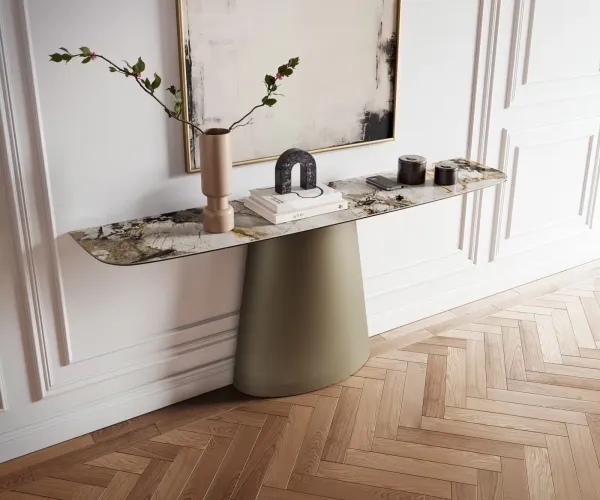 DELIFE Konzolový stolík Edge zaoblený 180×40 cm keramika Patagonia leštená Conos kov titánová farba efekt