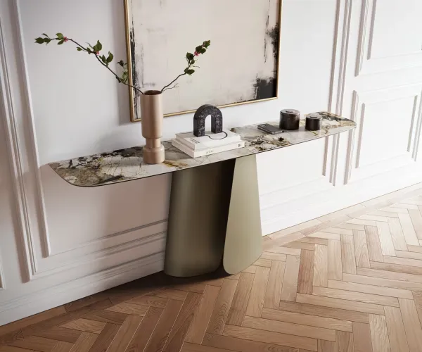 DELIFE Konzolový stolík Edge zaoblený tvar 180×40 cm keramika Patagonia leštená Livos kov titánová farba