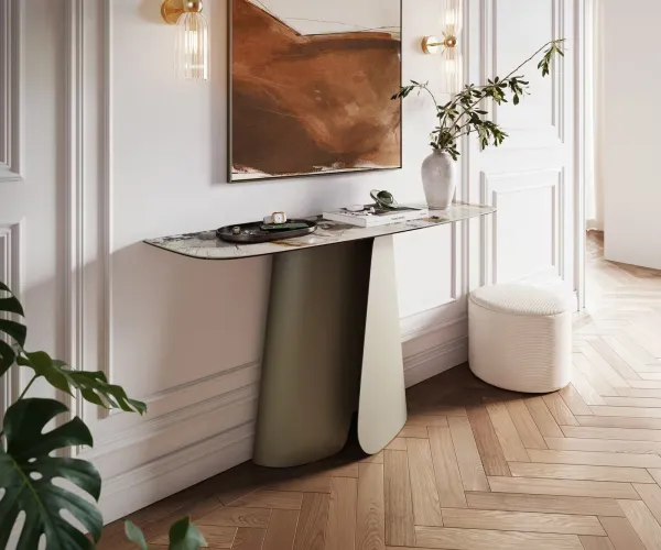 DELIFE Konzolový stolík Edge zaoblený 140×40 cm keramika patagonia leštená Livos kov titánová farba