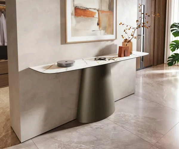 DELIFE Konzolový stolík Edge zaoblený tvar 180×40 cm keramika Calacatta Luxe bielo-zlato-šedá Conos kov titánová farba