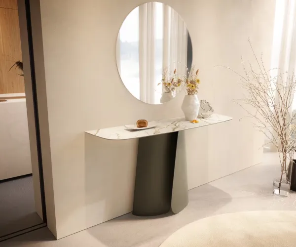 DELIFE Konzolový stolík Edge zaoblený tvar 140×40 cm keramika Calacatta Luxe bielo-zlato-šedá Livos kov titánová farba