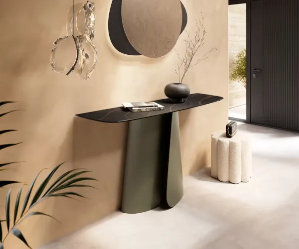 DELIFE Konzolový stolík Edge zaoblený 140×40 cm keramika Laminam® Noir Desir hnedá Livos kov titánová farba