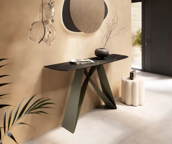 DELIFE Konzolový stolík Edge zaoblený 140×40 cm keramika Laminam® Noir Desir hnedá Velio kov titánová farba