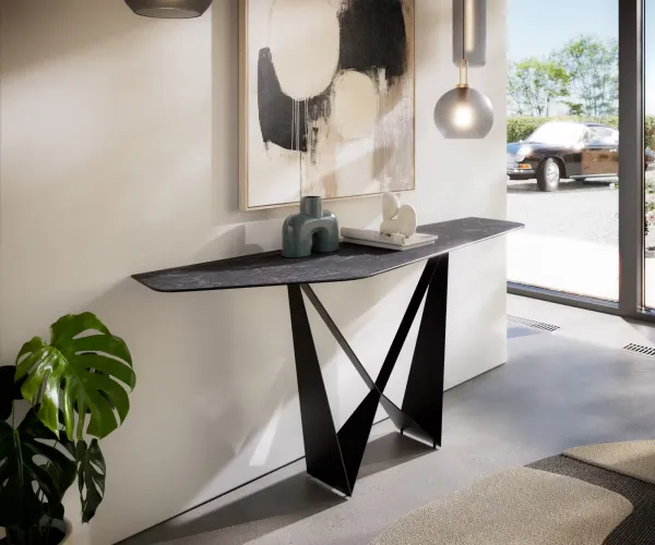 DELIFE Konzolový stolík Edge polygonálny 180×50 cm keramika Laminam® Nero Greco antracitová Spios kov čierna