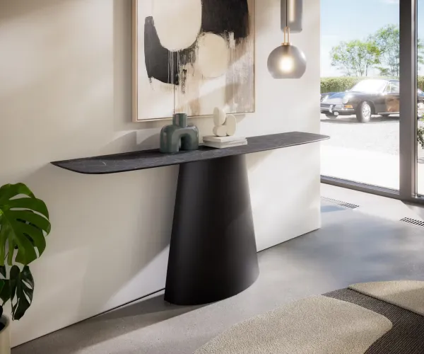 DELIFE Konzolový stolík Edge zaoblený 180×40 cm keramika Laminam® Nero Greco antracitová Conos kov čierna