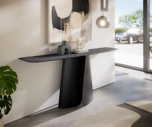 DELIFE Konzolový stolík Edge zaoblený 180×40 cm keramika Laminam® Nero Greco antracitová Livos kov čierna