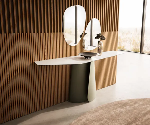 DELIFE Konzolový stolík Edge polygonálny 180×50 cm keramika onyx šampanské Livos kov titánová farba