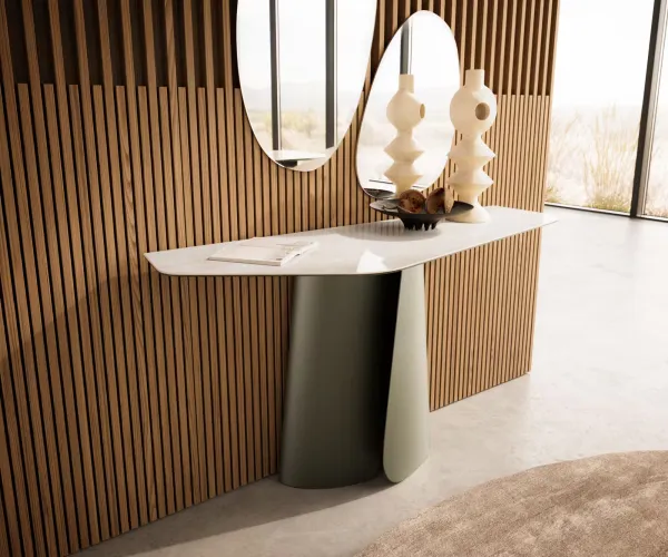 DELIFE Konzolový stolík Edge polygonálny 140×50 cm keramika onyx šampanské Livos kov titánová farba