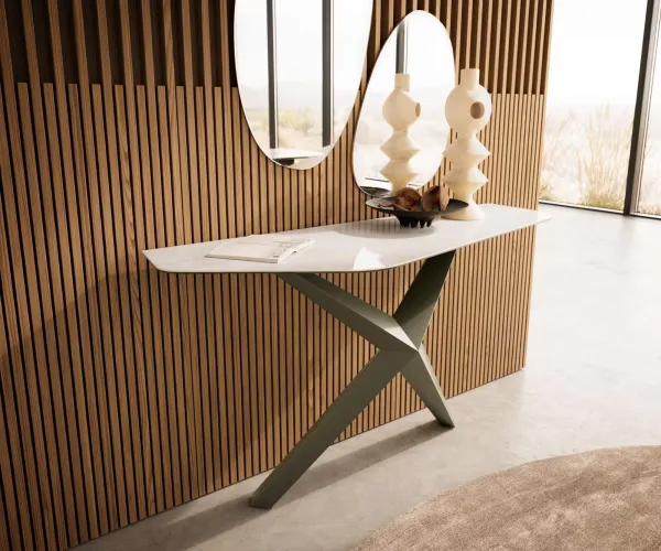 DELIFE Konzolový stolík Edge polygonálny 140×50 cm keramika onyx šampanské Zentharo kov titánová farba
