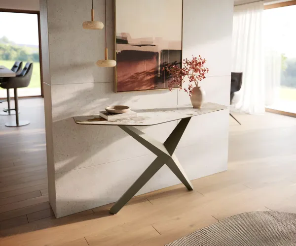 DELIFE Konzolový stolík Edge polygonálny 140×50 cm keramika Minas melange bielo-béžová Zentharo kov titánová farba