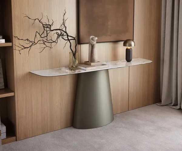 DELIFE Konzolový stolík Edge zaoblený tvar 180×40 cm keramika Minas Melange bielo-béžová Conos kov titánová farba