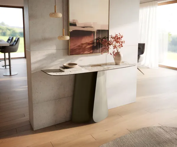 DELIFE Konzolový stolík Edge zaoblený tvar 140×40 cm keramika Minas Melange bielo-béžová Livos kov titánová farba