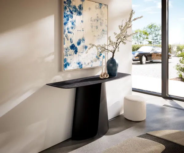 DELIFE Konzolový stolík Edge zaoblený 140×40 cm keramika Laminam® Nero Greco antracitová Livos kov čierna
