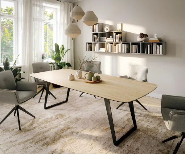 DELIFE Jedálenský stôl Edge zaoblený 260×120 cm keramika Laminam® sabbia v dubovej farbe kov šikmý čierny