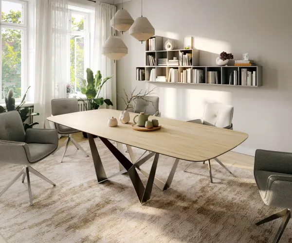 DELIFE Jedálenský stôl Edge zaoblený tvar 260×120 cm keramika Laminam® Sabbia dubová farba pavúk plochá nerezová oceľ