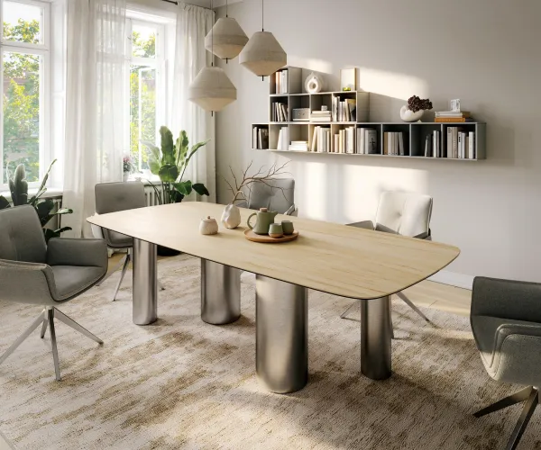 DELIFE Jedálenský stôl Edge zaoblený 260×120 cm keramika Laminam® sabbia dubová farba nerezová oceľ kefovaná