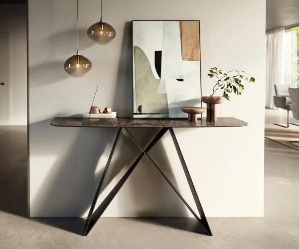 DELIFE Konzolový stolík Edge zaoblený 140×40 cm keramika Emperador Extra Lucidato tmavohnedá Velio kov čierna