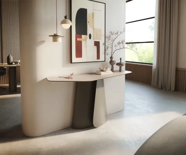 DELIFE Konzolový stolík Edge polygonálny 140×50 cm keramika Laminam® travertín biely krémovo biela Livos kov titánová farba
