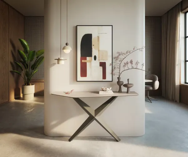 DELIFE Konzolový stolík Edge polygonálny 140×50 cm keramika Laminam® Travertino Bianco krémovo biela Zentharo kov titánová farba