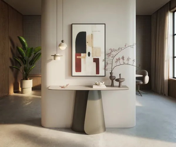 DELIFE Konzolový stolík Edge zaoblený 140×40 cm keramika Laminam® Travertino Bianco krémovo biela Livos kov titánová farba