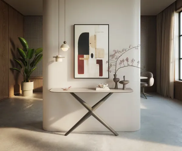 DELIFE Konzolový stolík Edge zaoblený 140×40 cm keramika Laminam® Travertino Bianco krémovo biela Estelo kov titánová farba