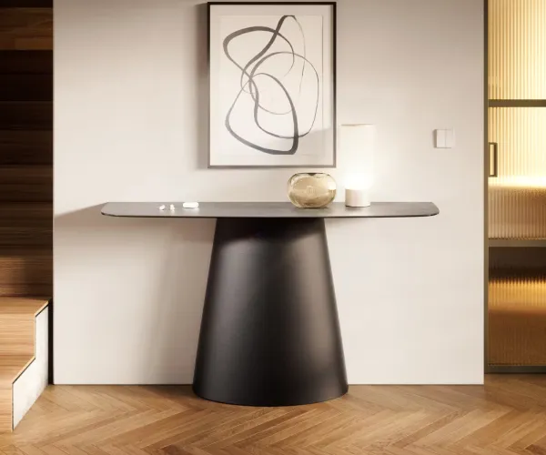 DELIFE Konzolový stolík Edge zaoblený 140×40 cm keramika betón sivá Conos kov čierna