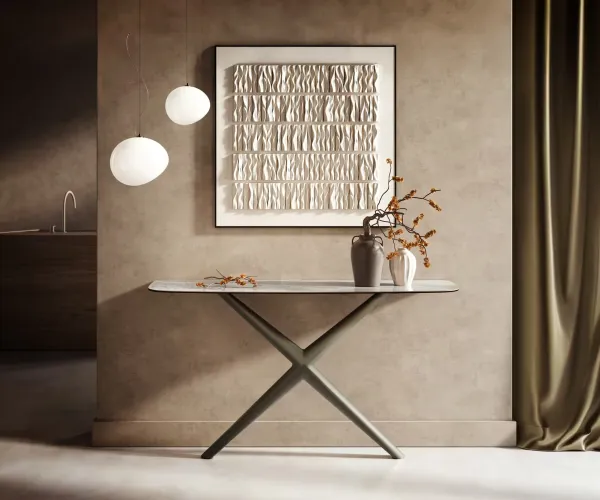 DELIFE Konzolový stolík Edge zaoblený 140×40 cm keramika onyx perla Estelo kov titánová farba