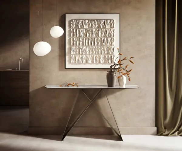 DELIFE Konzolový stolík Edge zaoblený tvar 140×40 cm keramika Onyx Pearl Velio kov titánová farba