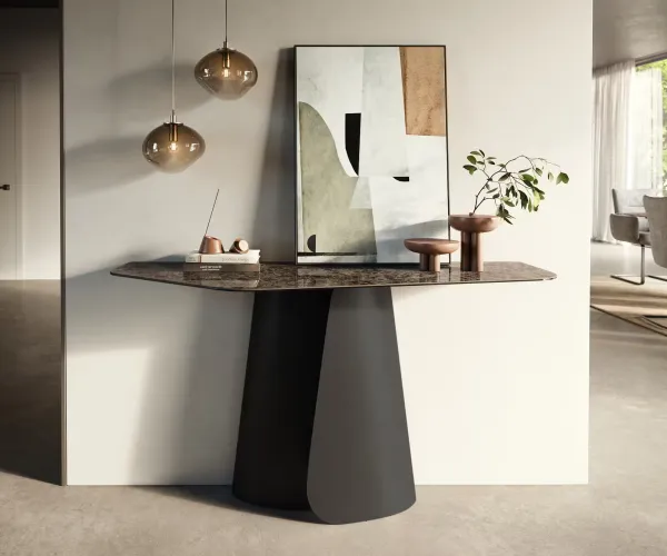 DELIFE Konzolový stolík Edge polygonálny 140×50 cm keramika Emperador Extra Lucidato tmavohnedá Livos kov čierna