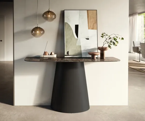 DELIFE Konzolový stolík Edge zaoblený 140×40 cm keramika Emperador extra leštená tmavohnedá kužeľová kov čierna