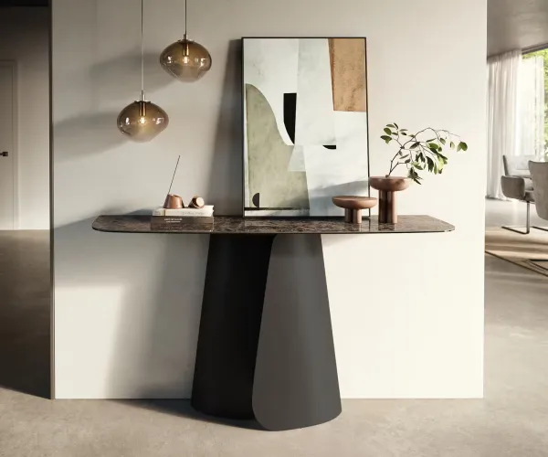 DELIFE Konzolový stolík Edge zaoblený 140×40 cm keramika Emperador Extra Lucidato tmavohnedá Livos kov čierna