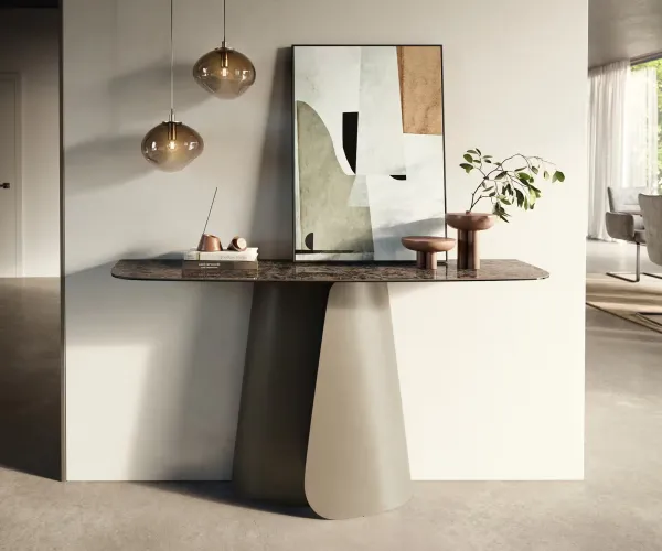 DELIFE Konzolový stolík Edge zaoblený 140×40 cm keramika Emperador extra leštený tmavohnedá Livos kov titánová farba