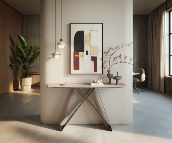 DELIFE Konzolový stolík Edge zaoblený 140×40 cm keramika Laminam® Travertino Bianco krémovo biela Velio kov titánová farba