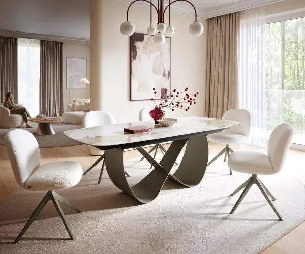 DELIFE Jedálenský stôl Edge zaoblený tvar 180-220×100 cm keramika Minas melange bielo-béžová Infinity kov titánová farba rozkladací
