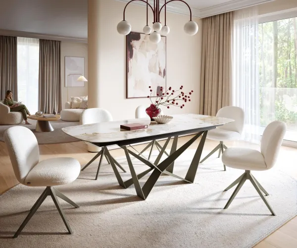 DELIFE Jedálenský stôl Edge zaoblený tvar 180-220×100 cm keramika Minas Melange bielo-béžová Spider kov titánová farba rozkladací