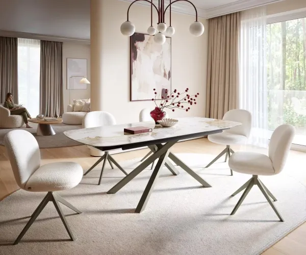 DELIFE Jedálenský stôl Edge zaoblený tvar 180-220×100 cm keramika Minas Melange bielo-béžová krížová podstava hranatý titanová farba rozkladací