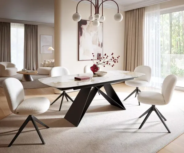 DELIFE Jedálenský stôl Edge oválny 180-220×100 cm keramika Minas Melange bielo-béžová podstava v tvare V plochá oceľ čierna rozkladací