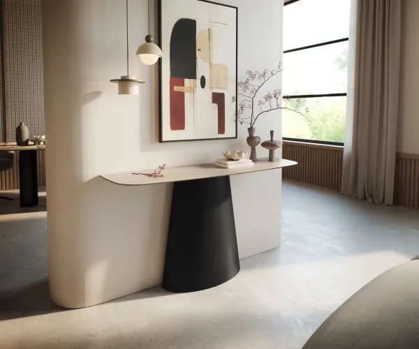 DELIFE Konzolový stolík Edge zaoblený 140×40 cm keramika Laminam® Travertino Bianco krémovo biela Conos kov čierna