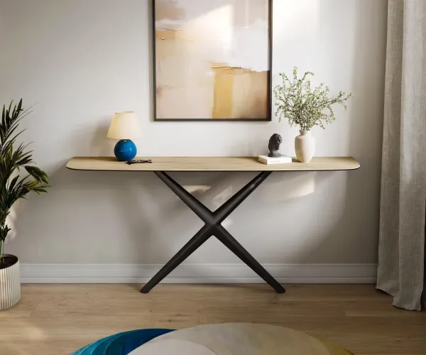 DELIFE Konzolový stolík Edge zaoblený 180×40 cm keramika Laminam® Sabbia dubová farba Estelo kov čierna