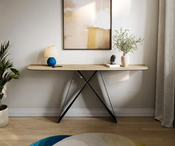 DELIFE Konzolový stolík Edge zaoblený 180×40 cm keramika Laminam® sabbia v dubovej farbe Velio kov čierna