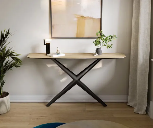DELIFE Konzolový stolík Edge zaoblený 140×40 cm keramika Laminam® sabbia dubová farba Estelo kov čierna
